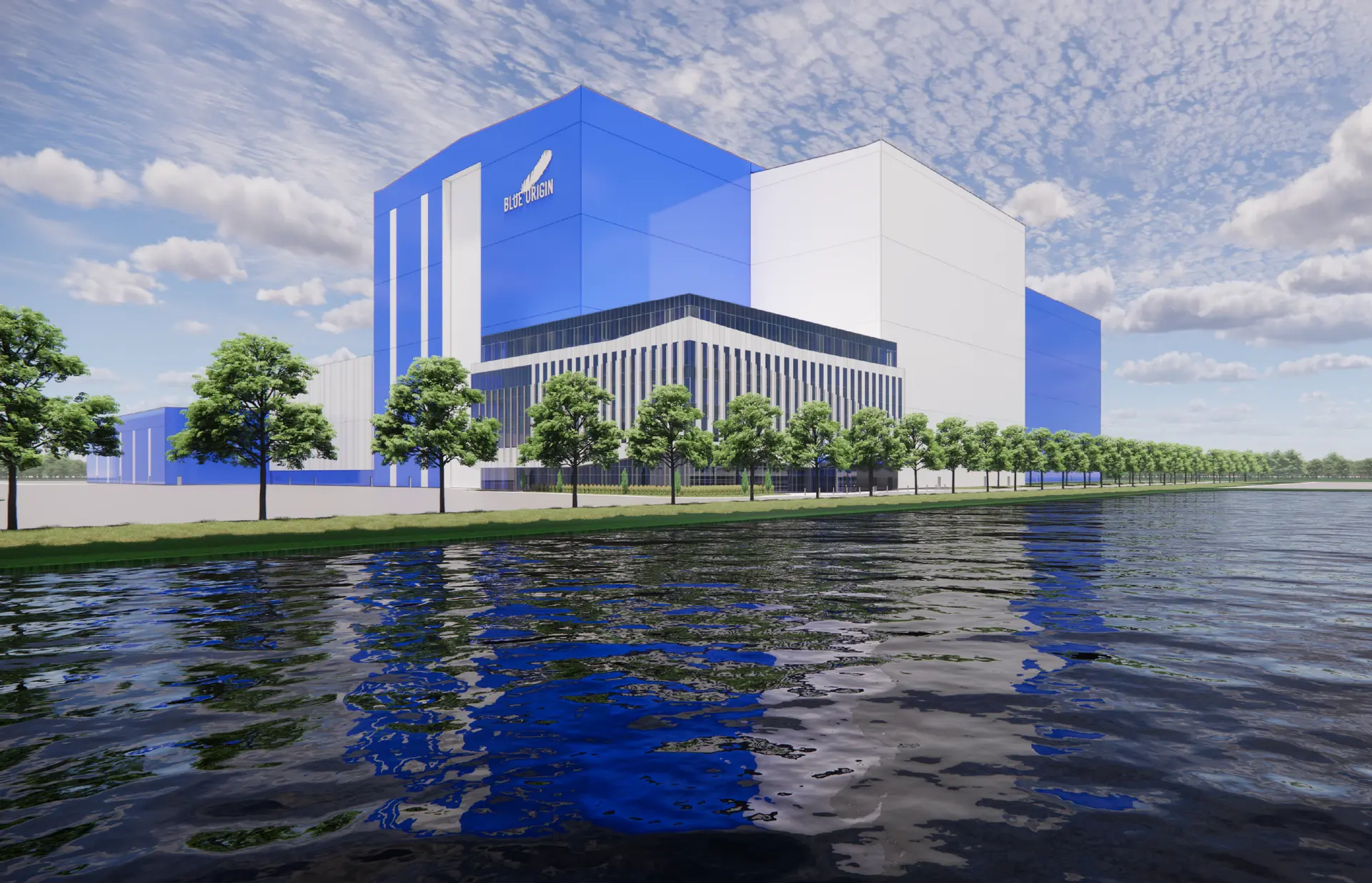 A rendering of the outside of our new upper stage manufacturing facility, targeting completion in the summer of 2027. Photo credit: Blue Origin