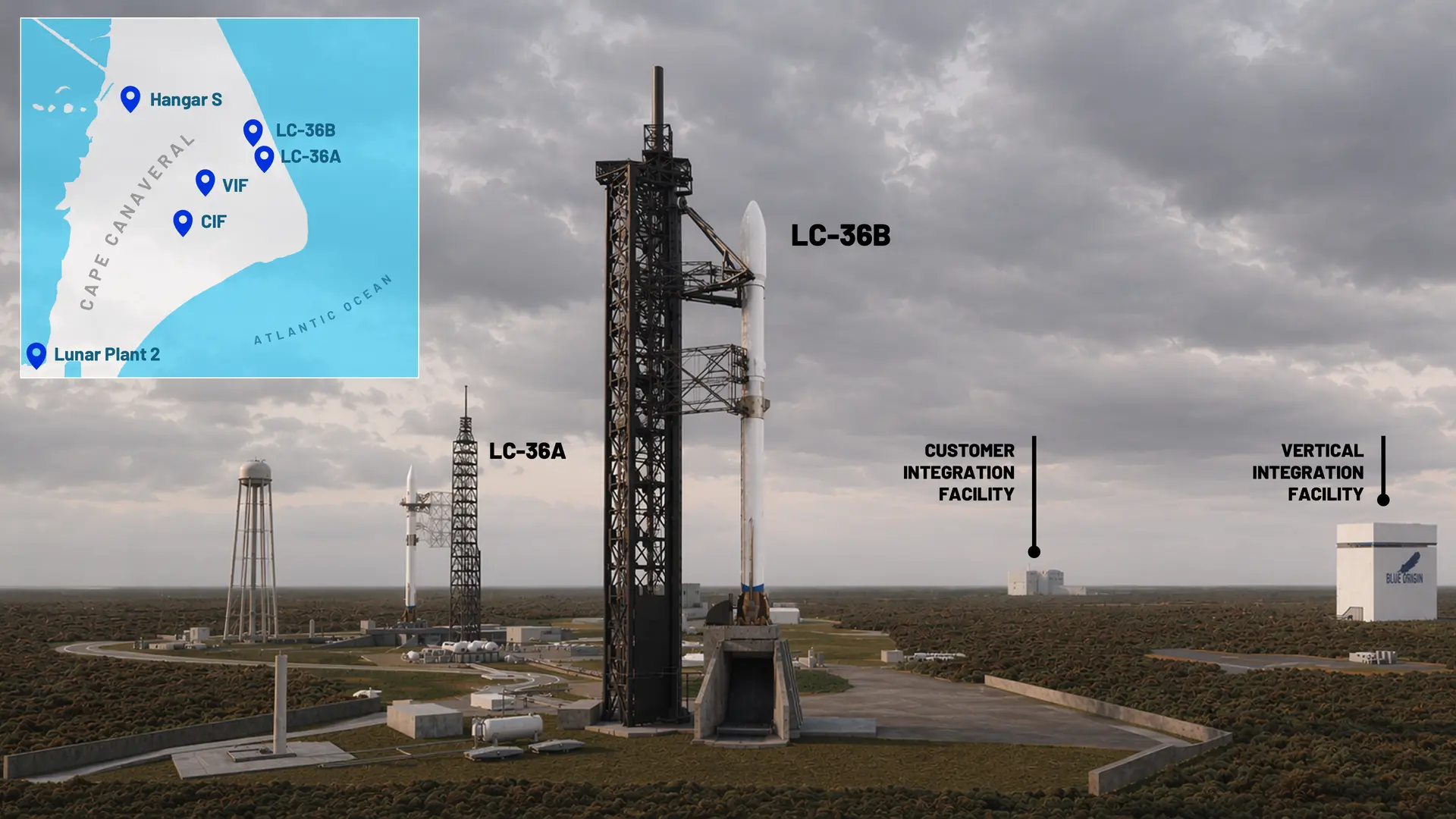 An artist's rendering illustrates Blue Origin's planned New Glenn launch infrastructure expansion at Cape Canaveral Space Force Station in Florida. The company is investing in additional launch pads and facilities to support more frequent launches.